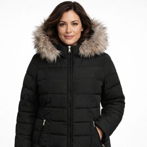 Laundry By Shelli Segal Coat Women's Medium M Black Faux Fur Collar Winter Warm
